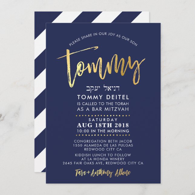 CUSTOM Bar Mitzvah Invitation pour Tommy navy + or (Devant / Derrière)