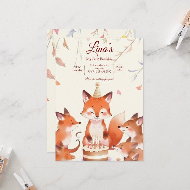 Custom Birthday Invitation with Cute Foxes (Devant/Arrière en situation)