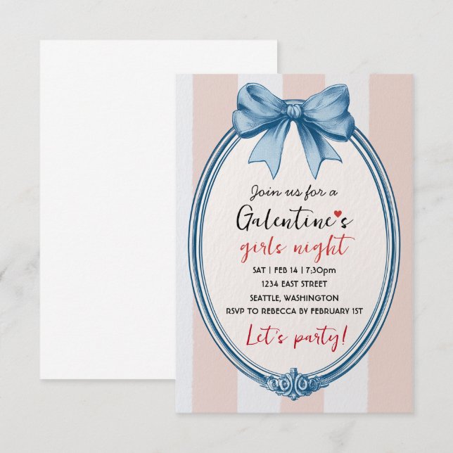 Custom Blue Bow Galentines Party Invitation (Devant / Derrière)
