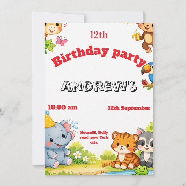 Custom Cartoon Animal Birthday Invitation  (Devant)