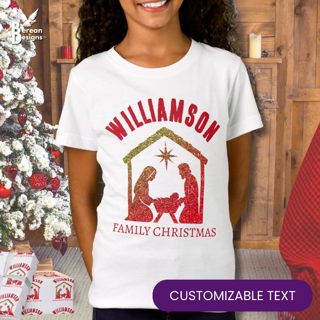 Custom Christian Nativity Family Christmas T-Shirt (Christian Christmas Family Group Shirt with glitter nativity scene. Matching shirts and gifts)