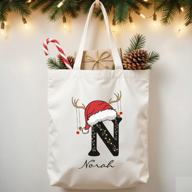 Custom Christmas Tote Bag Gift for Mom or Grandma (holiday tote bag, Santa Claus tote, family monogram tote, Christmas gift bag, custom Christmas tote,)