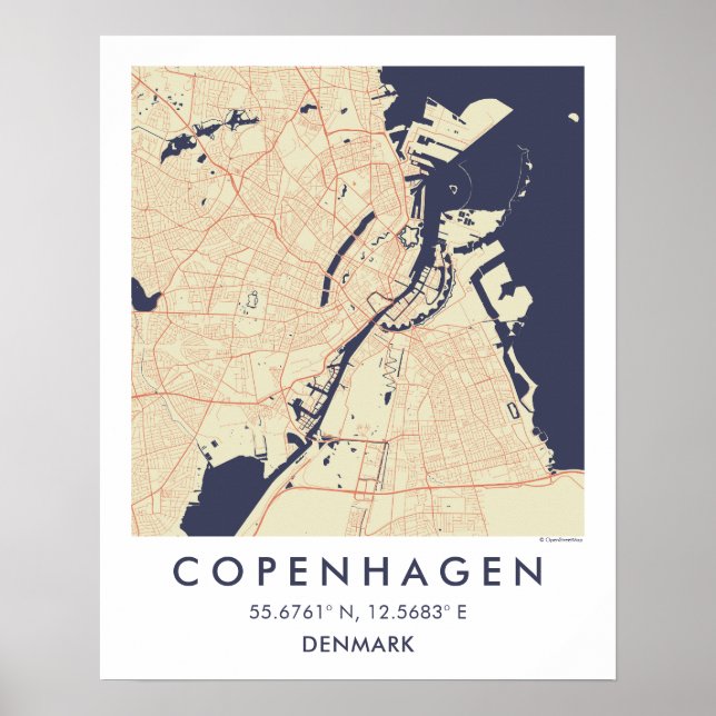 Custom City Map Copenhagen Denmark Wall Art Poster (Devant)