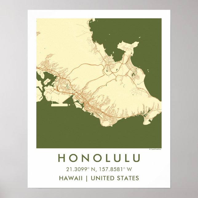 Custom City Map Honolulu Hawaii Wall Art Poster (Devant)