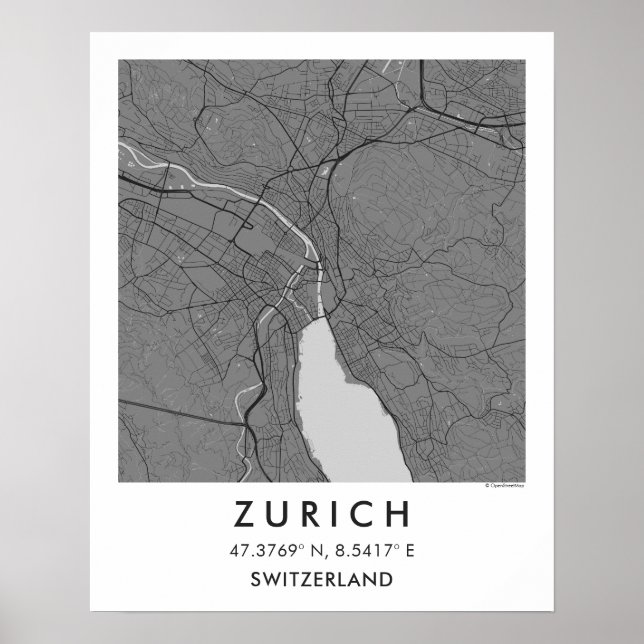 Custom City Map Zurich Switzerland Wall Art Poster (Devant)