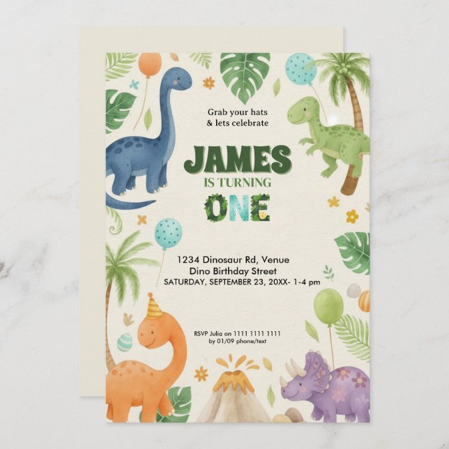 Custom Dino Jungle 1st Birthday Invitation  (Devant / Derrière)