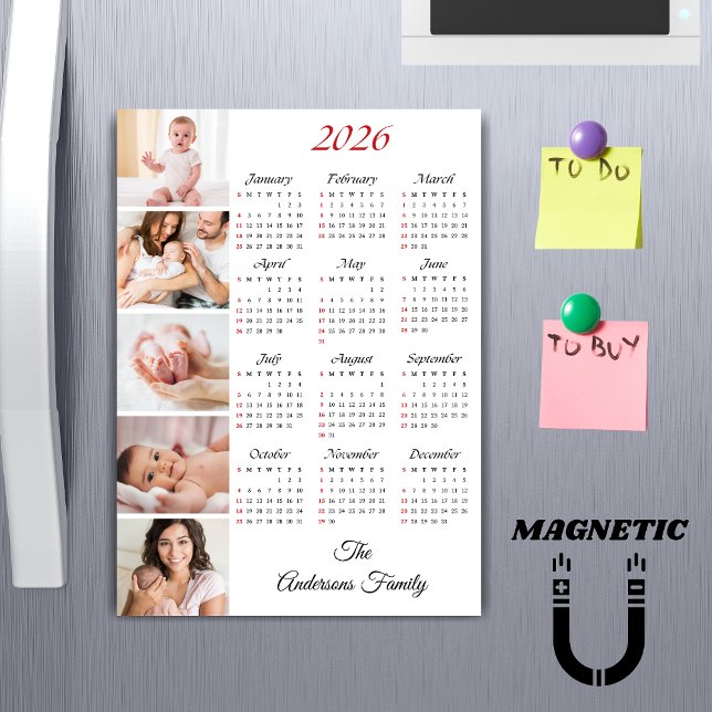 Custom Family Photo Collage 2026 Calendar Magnet (Créateur téléchargé)