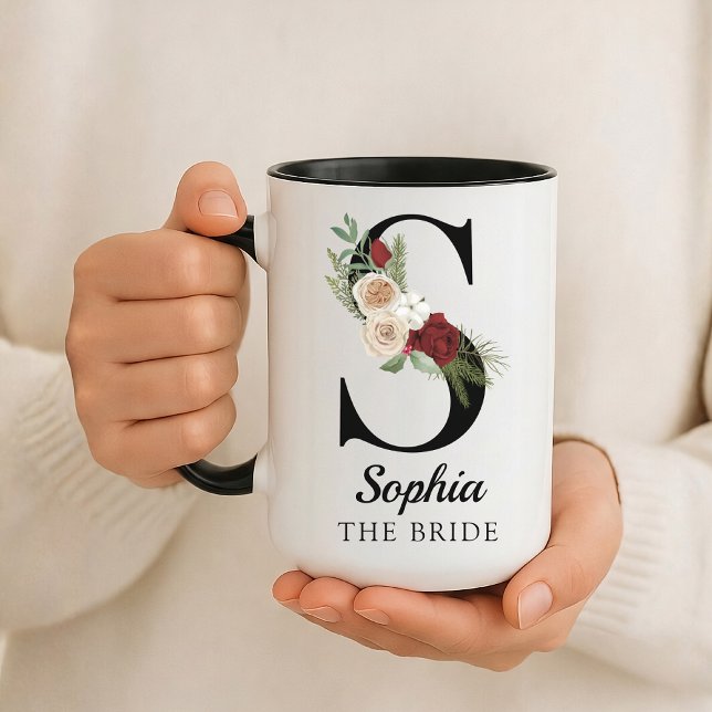 Custom Floral Alphabet Mug Gift for Bride Wife (Personalized Monogram Floral Alphabet Mug for Mom, Grandma, Teacher, Nurse, Lawyer or Bridesmaid)