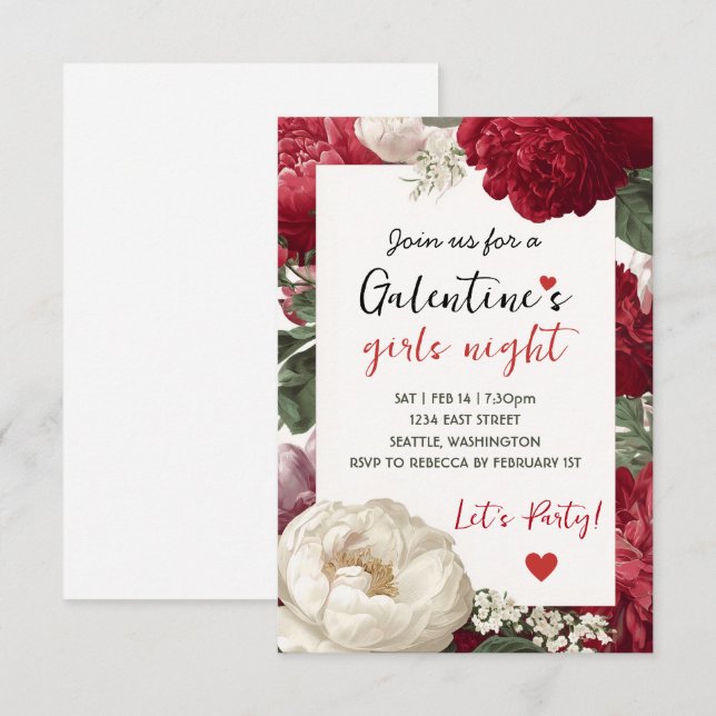 Custom Floral Galentine Girls Night Invitation (Devant / Derrière)