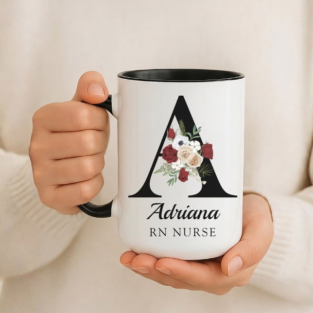 Custom Floral Monogram Mug Gift for Bride Nurse  (Personalized Floral Monogram Mug Wedding Graduation Birthday Gift for Her, Mom or Girls)