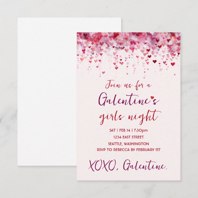 Custom Galentines Pink Hearts Party Invitation (Devant / Derrière)