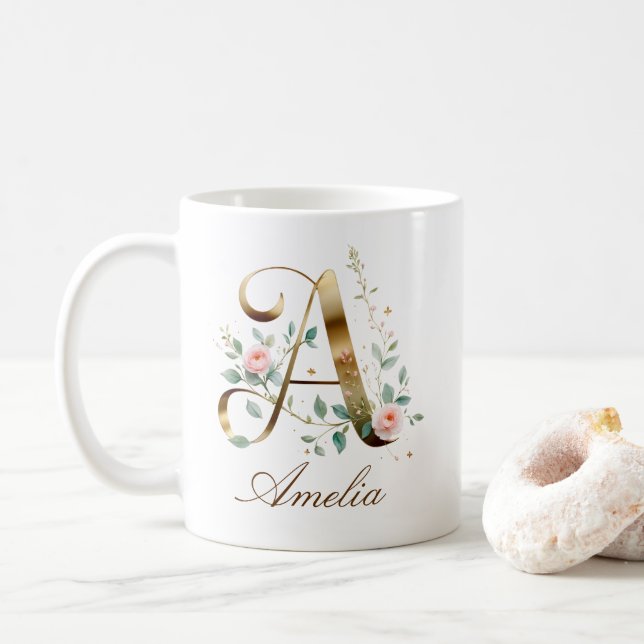 Custom Gold Floral Letter A Monogram Mug (Avec donut)