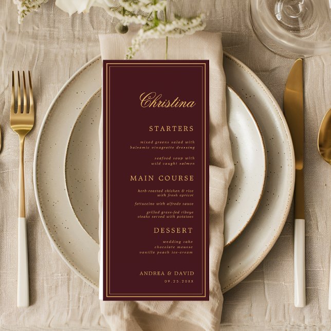 Custom Guest Name Burgundy Gold Place Card Menu (Créateur téléchargé)