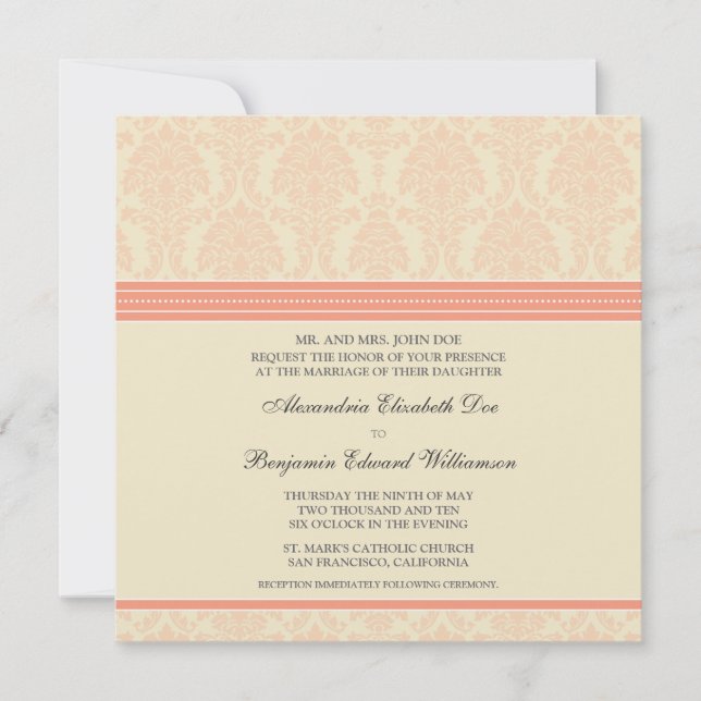 :custom: Invitation Coral/Cream Mariage damassé (Devant)