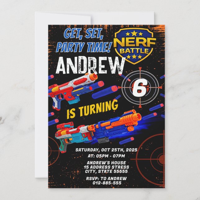Custom Kids Nerf Birthday Invitation (Devant)