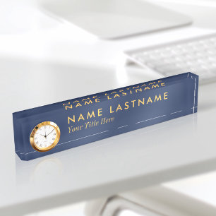Custom Modern Navy Blue Jaune Nom Plaque Horloge