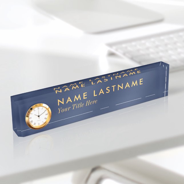 Custom Modern Navy Blue Jaune Nom Plaque Horloge (Créateur téléchargé)