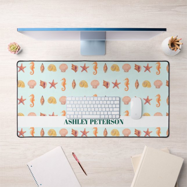 Custom Name Coastal Watercolor Seashells Teal (Bureau 1)