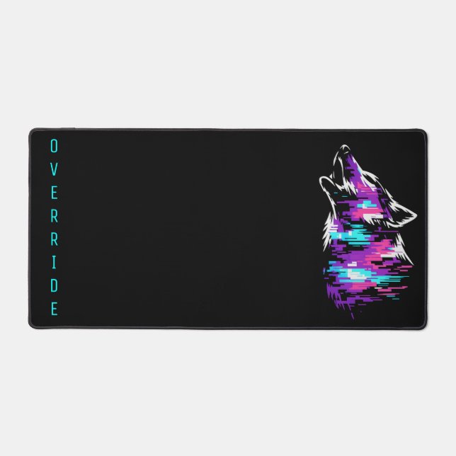 Custom Name Override Glitch Wolf Gaming Desk Mat (Recto)