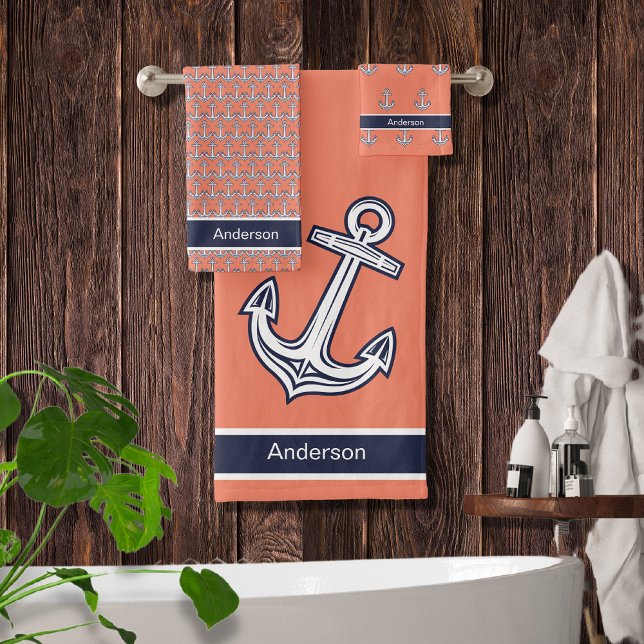 Custom Nautical Anchor Bathroom Navy Blue Coral (Créateur téléchargé)