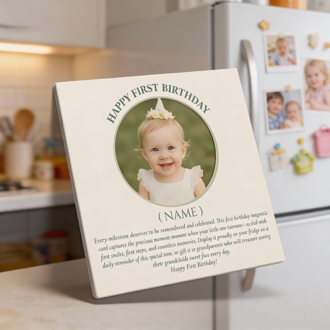Custom Photo First Birthday Sage Green Thin Magnet (Créateur téléchargé)