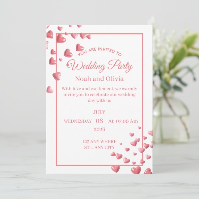 Custom Pink Heart Wedding Invitation Card (Debout devant)