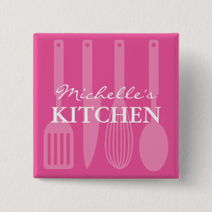 Custom pink kitchen utensils name badge buttons