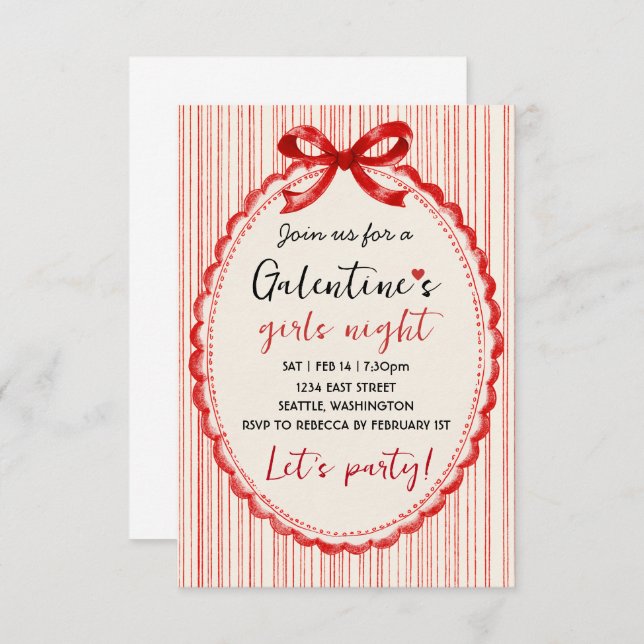 Custom Red Bow Galentines Party Invitation (Devant / Derrière)