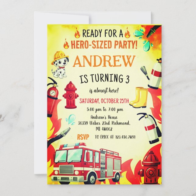 Custom Red Fire Truck Birthday Party Invitations (Devant)