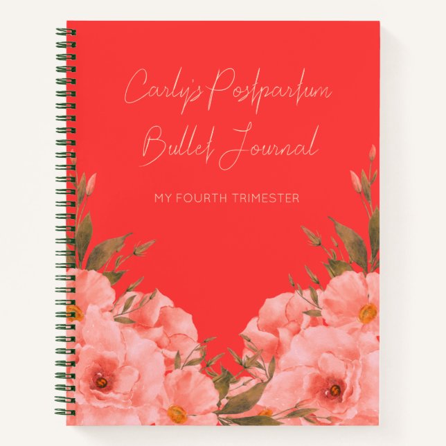 Custom Red Floral Postpartum Journal For New Moms (Devant)