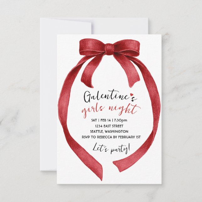 Custom Red Ribbon Bow Galentines Party Invitation (Devant)