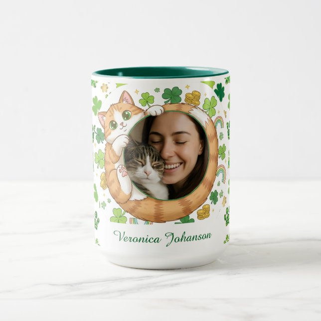 Custom St. Patrick's Day Lucky Cat Photo Mug  (Centre)