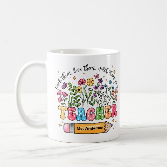 Custom Teacher Name Floral Mug "Teach Love Grow" (Gauche)