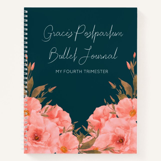Custom Teal Floral Postpartum Journal For New Moms (Devant)