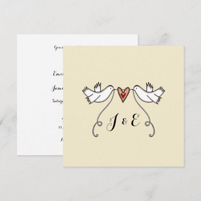 Custom White Doves Love Heart Faire-part de mariag (Devant / Derrière)