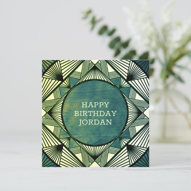 Custom Wood Modern Masculine Green Carte d'anniver (Debout devant)