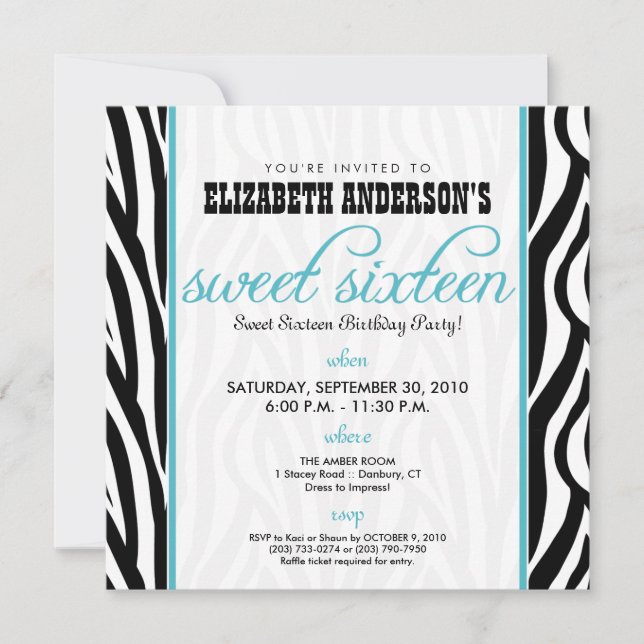 :custom: Zebra Sweet 16 Party Invitation (aqua) (Devant)