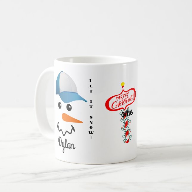 Customisé bleu et blanc casquette Snowman Face Mug (Devant gauche)