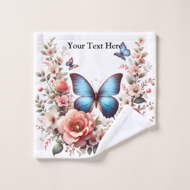 Customizable Blue Butterfly Floral Art-96279 (Gant de toilette)