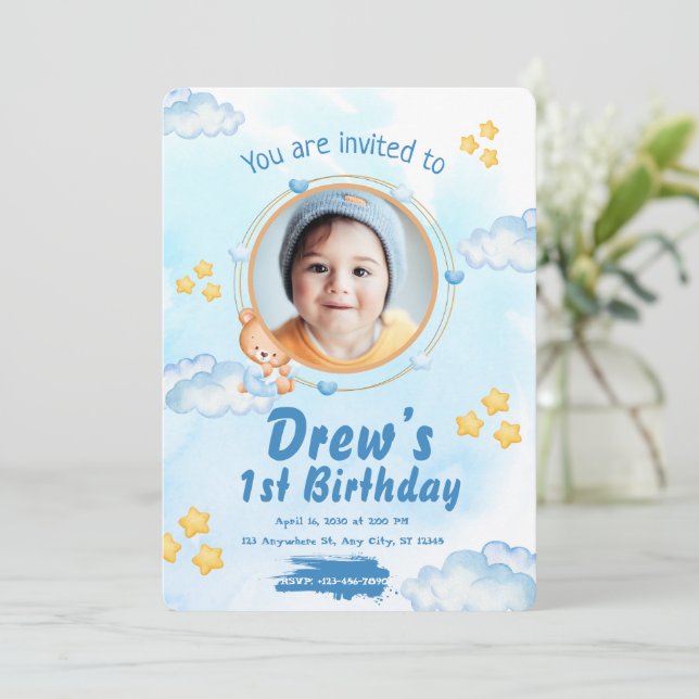 Cute 1st Baby Boy Birthday Invitation (Debout devant)
