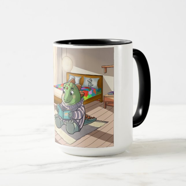 Cute 3D Baby T-Rex Reading in Bed Combo Mug (Devant droit)