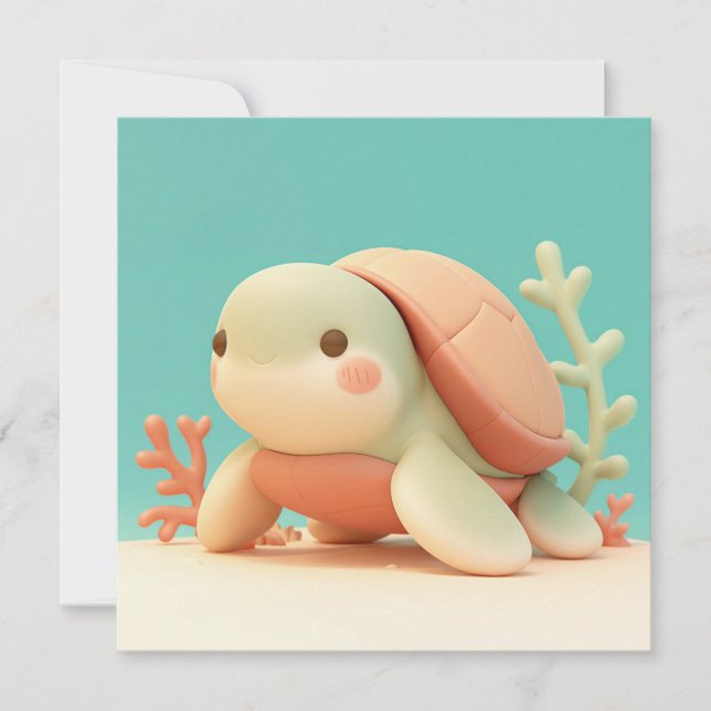 Cute 3D Clay Sea Turtle with Orange Coral Postcard (Devant)