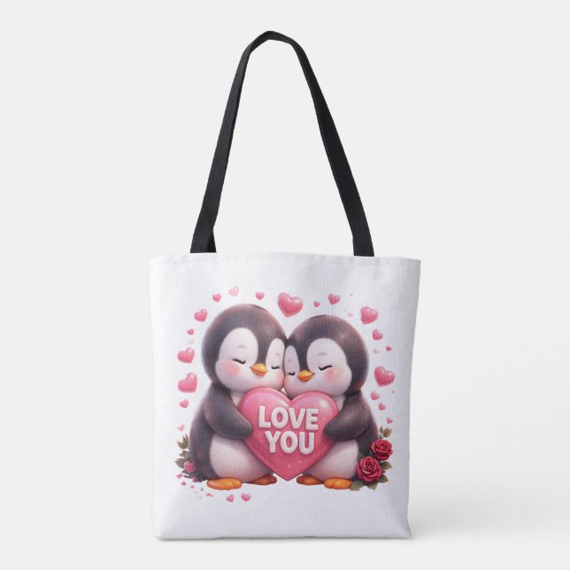 Cute 3D Penguin Love Tote Bag (Dos)