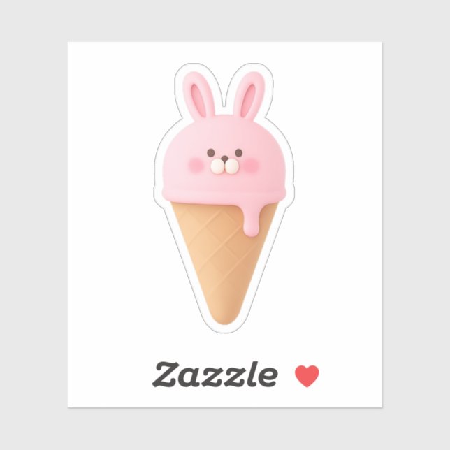 Cute 3D Pink Bunny Ice Cream Cone Sticker (Feuille)