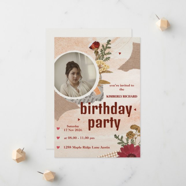 Cute Aesthetic Birthday Invitation Card (Devant/Arrière en situation)