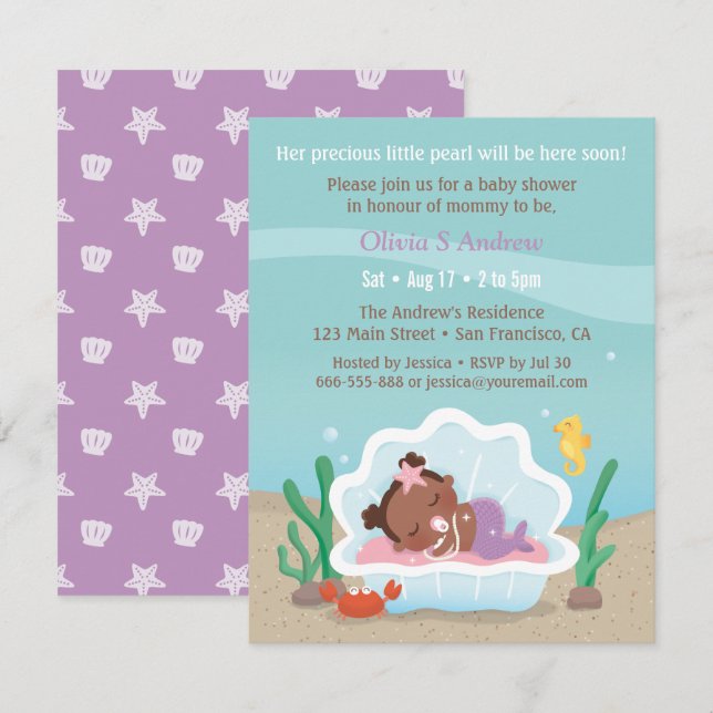 Cute Africaine Sirène Baby Shower Invitations (Devant / Derrière)