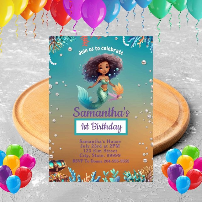 Cute Afro Mermaid Invitation d'anniversaire pour e (Créateur téléchargé)