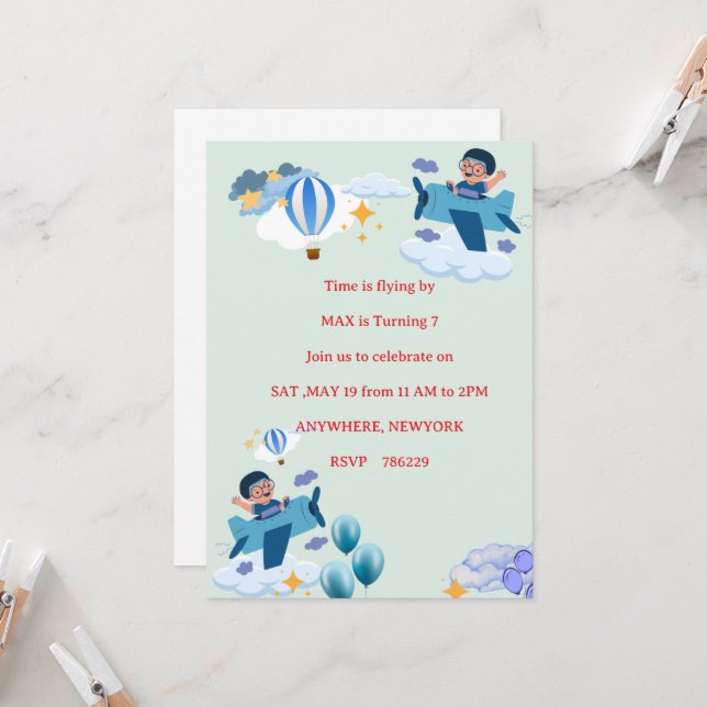 Cute Airplane Kids Birthday Invitation (Devant/Arrière en situation)