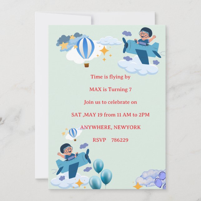 Cute Airplane Kids Birthday Invitation (Devant)