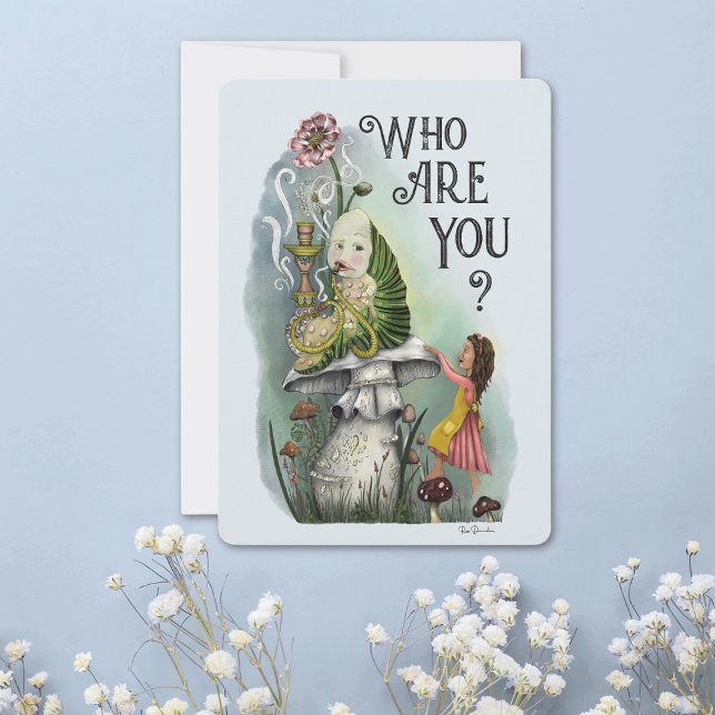 Cute Alice au Pays des merveilles Carte de Caterpi (Pastel blue alice in wonderland flat card with a caterpillar smoking a hookah pipe on a mushroom)